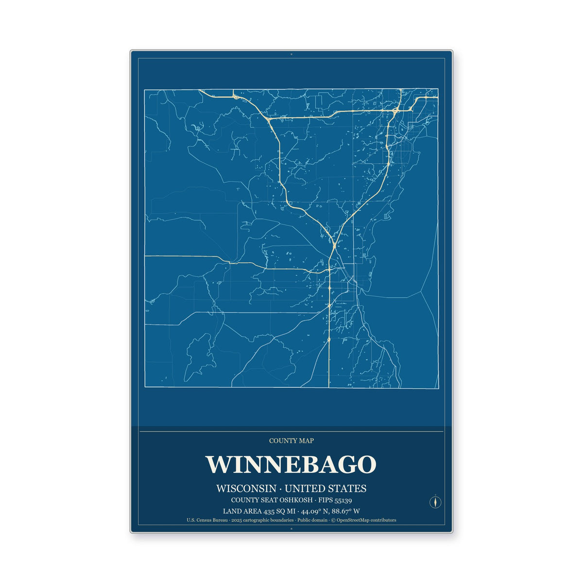 Winnebago County, Wisconsin Map Aluminum Sign in Harbor Cobalt style