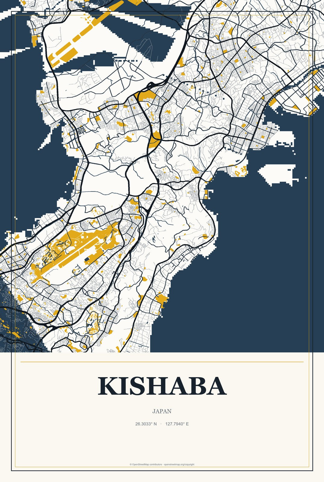 Kishaba, Japan City Map Aluminum Sign in Citrine Modern style