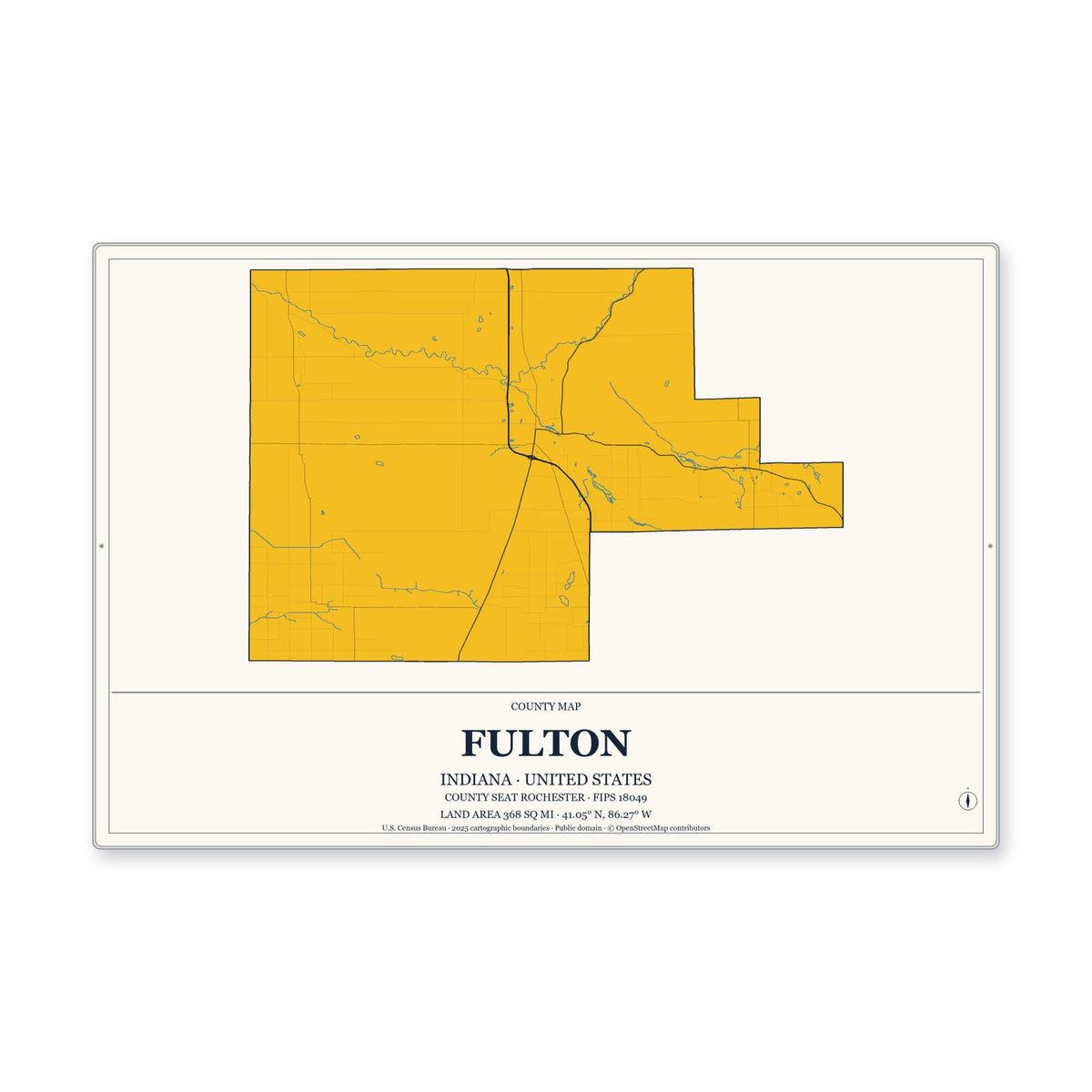 Fulton County, Indiana Map Aluminum Sign in Citrine Modern style