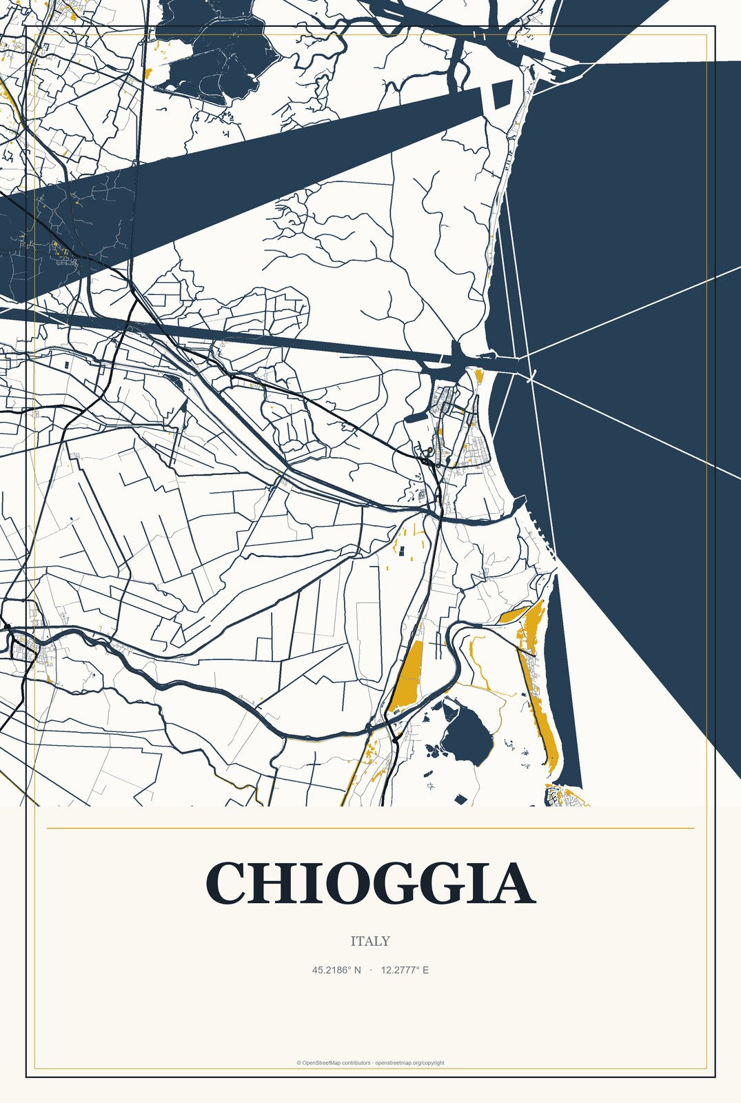 Chioggia, Italy City Map Aluminum Sign in Citrine Modern style