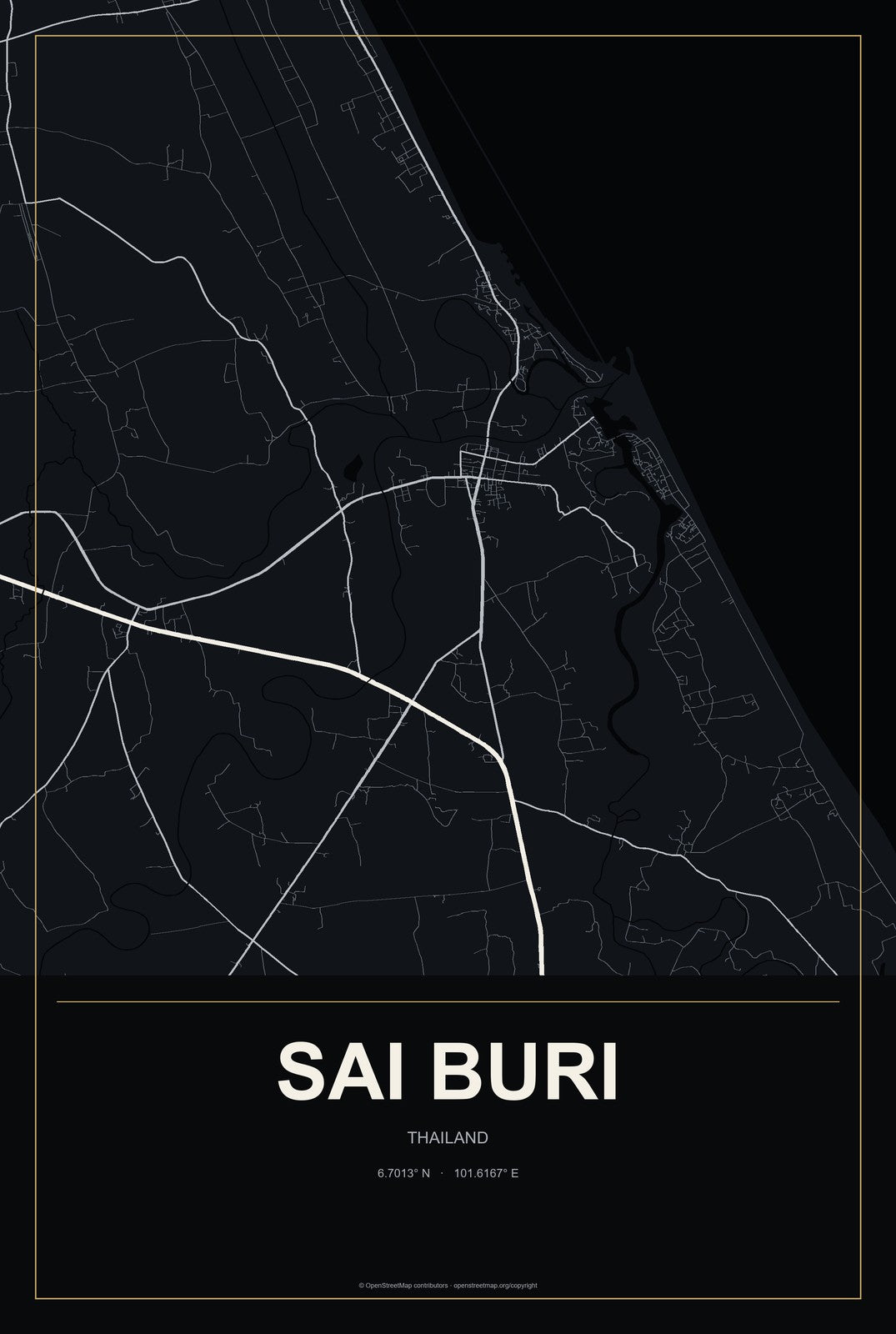 Sai Buri, Thailand City Map Aluminum Sign in Metropolitan Noir style