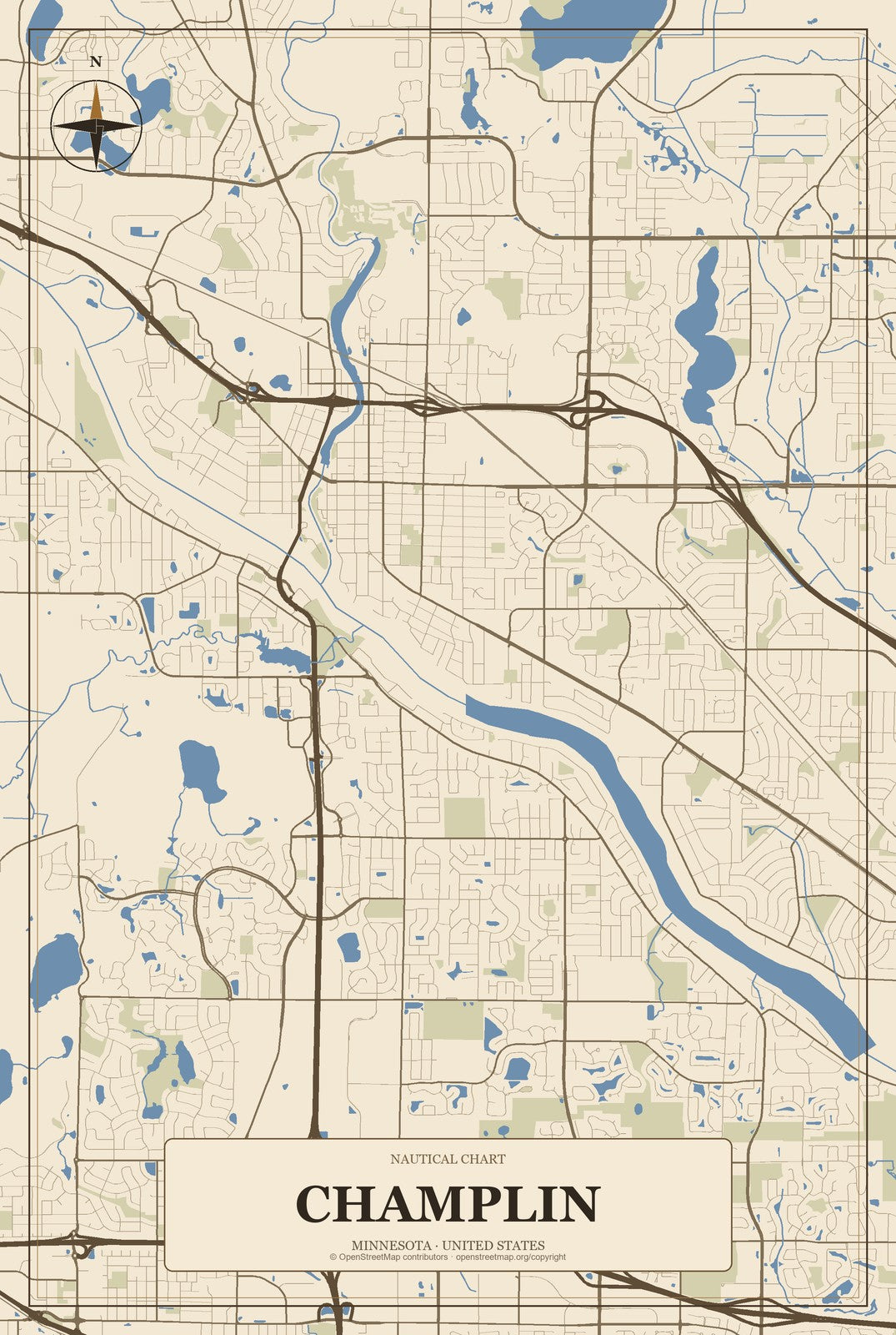 Champlin, Minnesota City Map Aluminum Sign in Heritage Nautical style