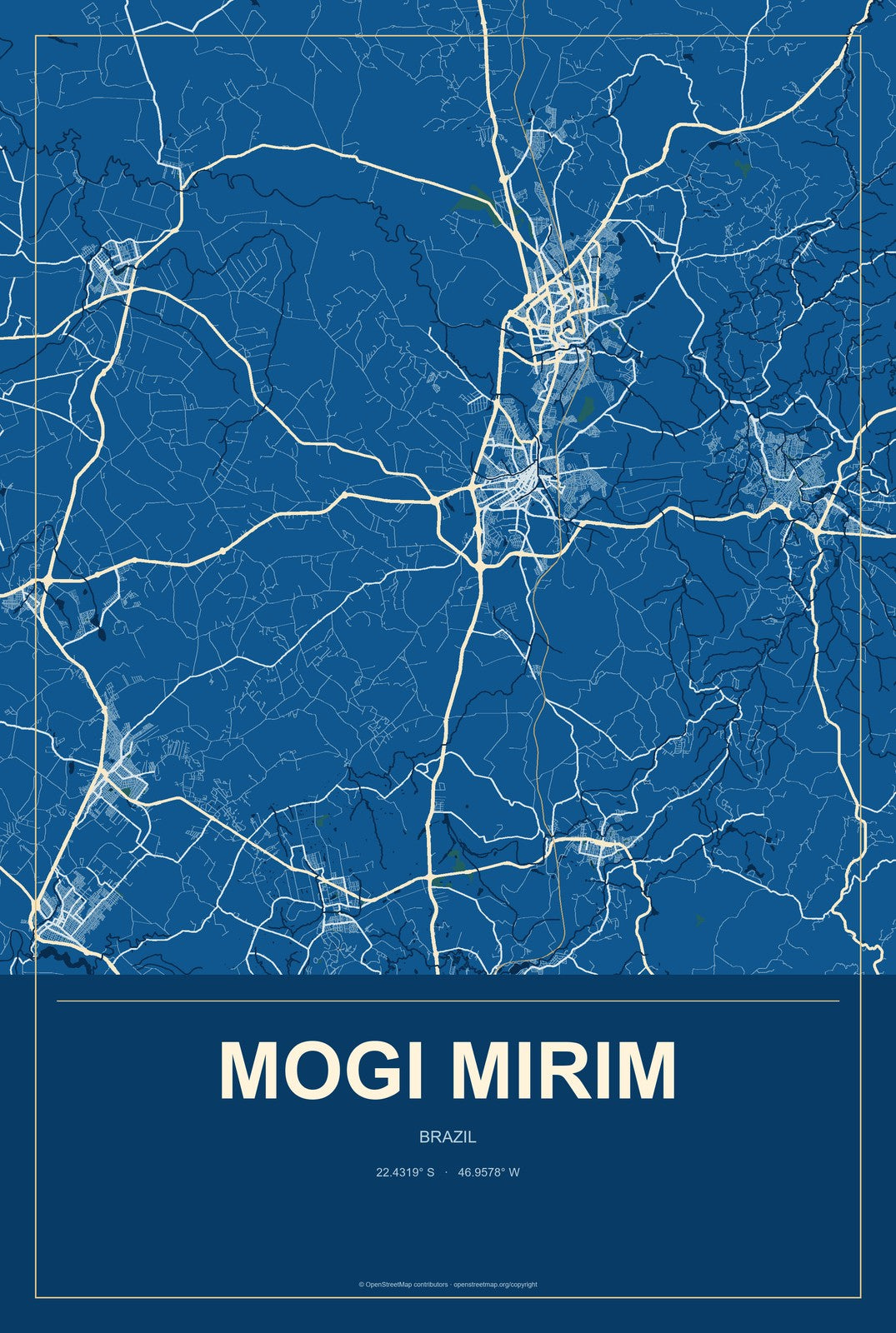 Mogi Mirim, Brazil City Map Aluminum Sign in Harbor Cobalt style
