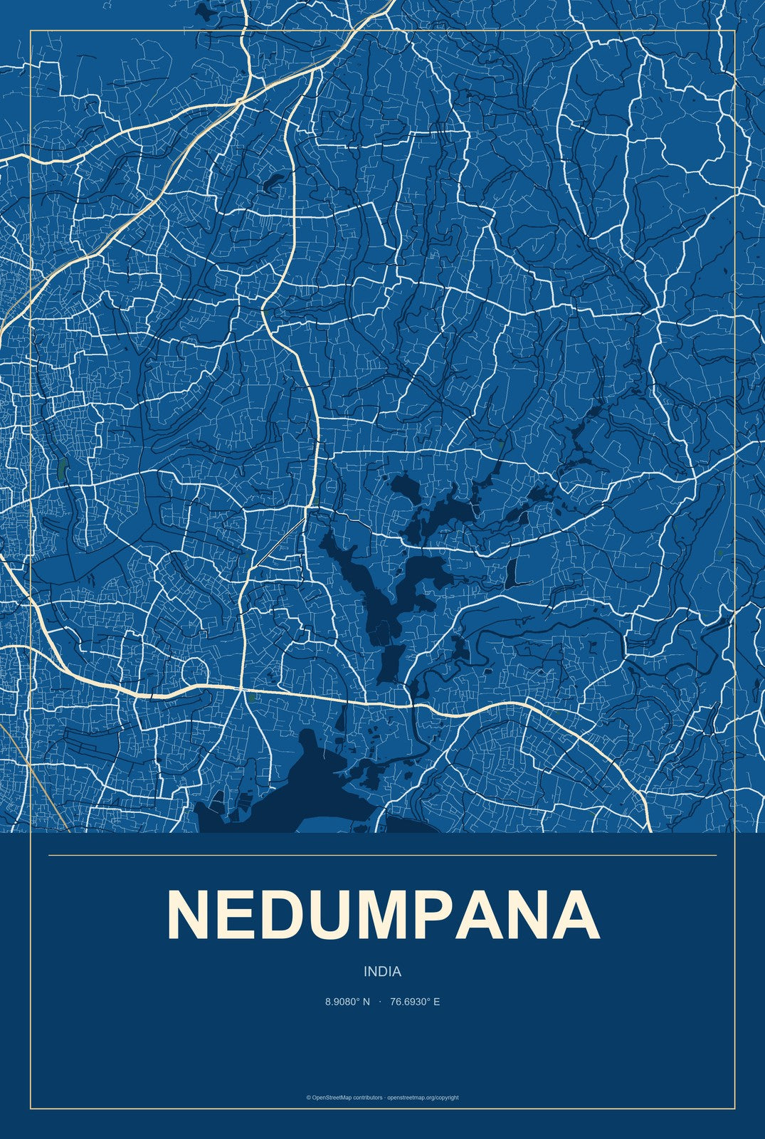 Nedumpana, India City Map Aluminum Sign in Harbor Cobalt style