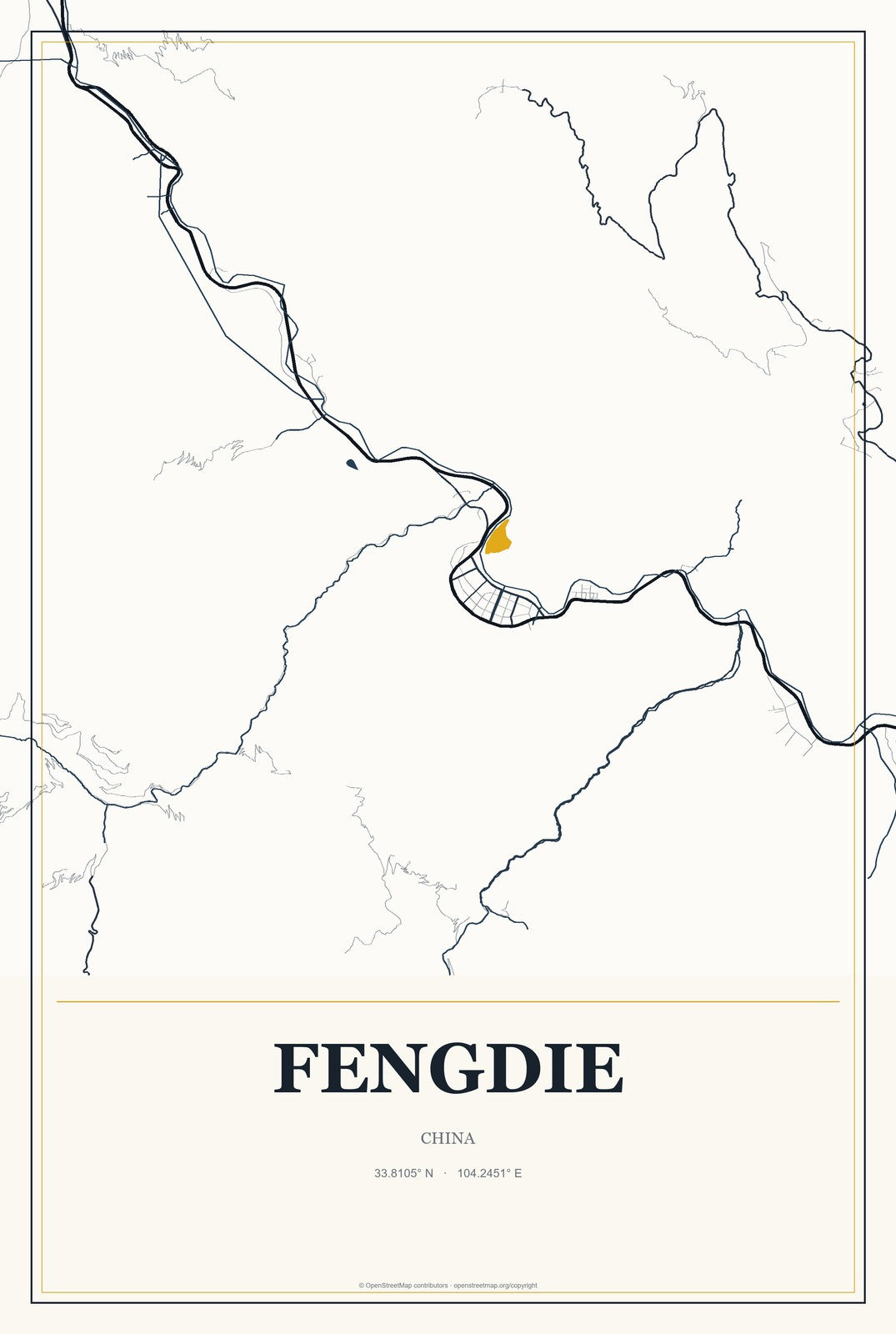 Fengdie, China City Map Aluminum Sign in Citrine Modern style