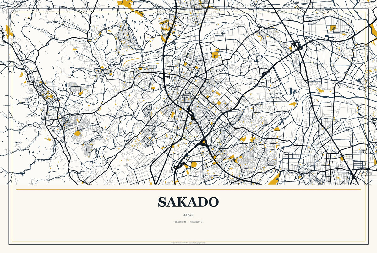 Sakado, Japan City Map Aluminum Sign in Citrine Modern style
