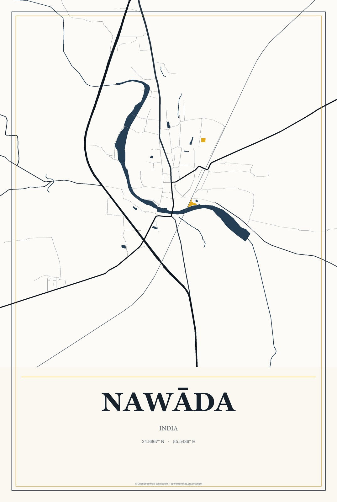 Nawāda, India City Map Aluminum Sign in Citrine Modern style