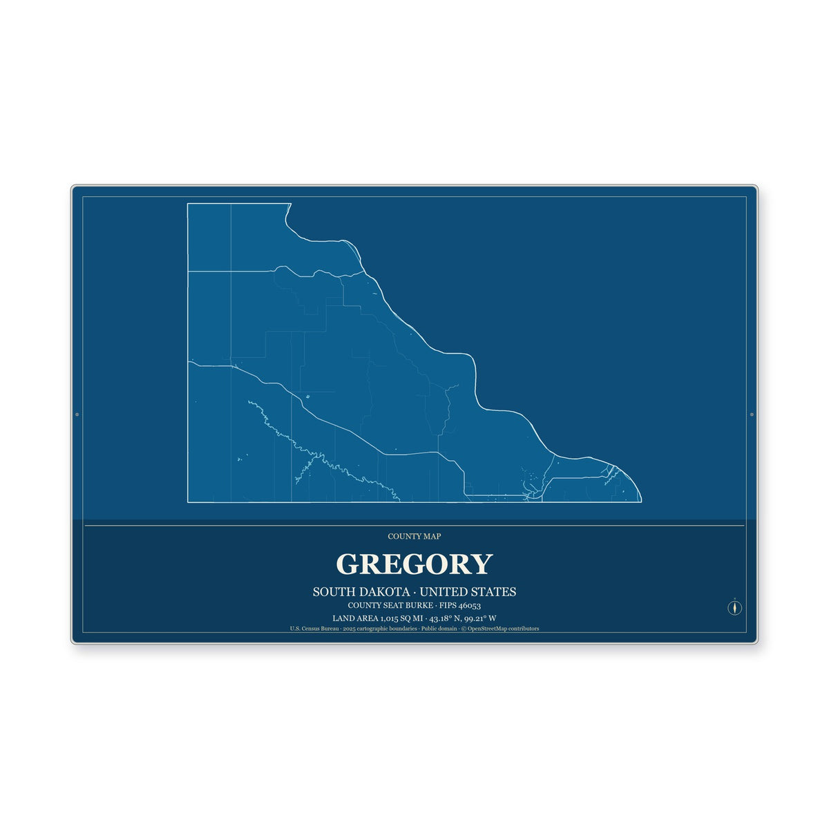 Gregory County, South Dakota Map Aluminum Sign in Harbor Cobalt style