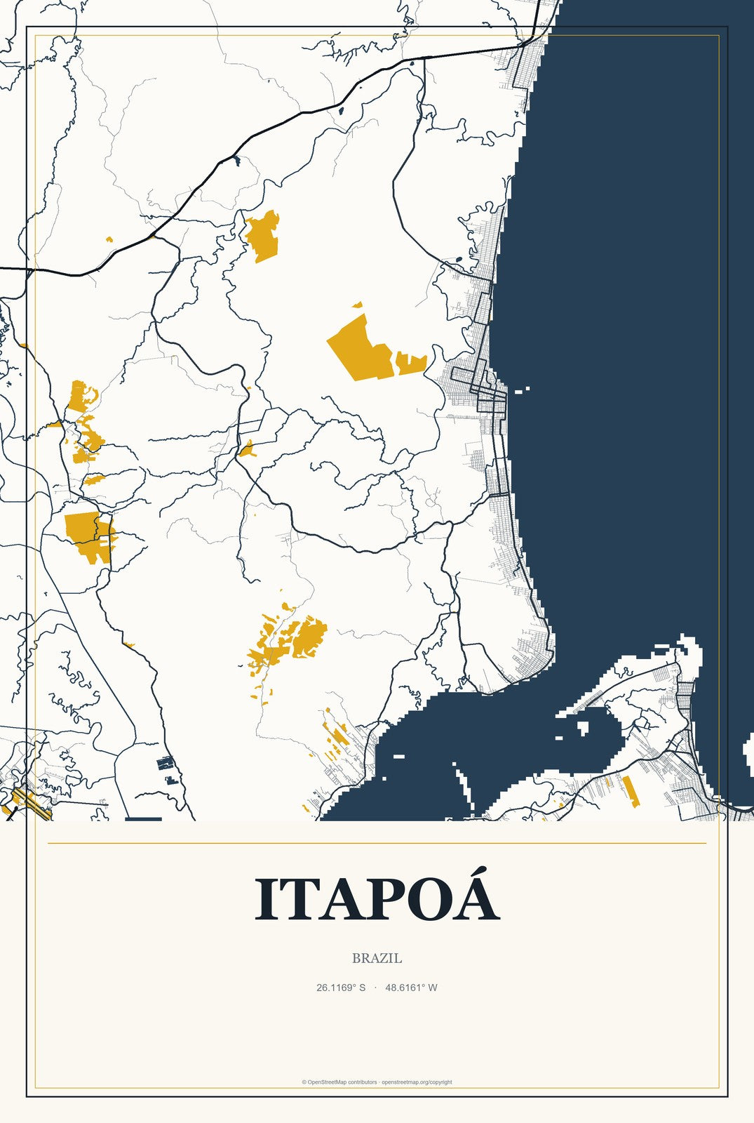 Itapoá, Brazil City Map Aluminum Sign in Citrine Modern style