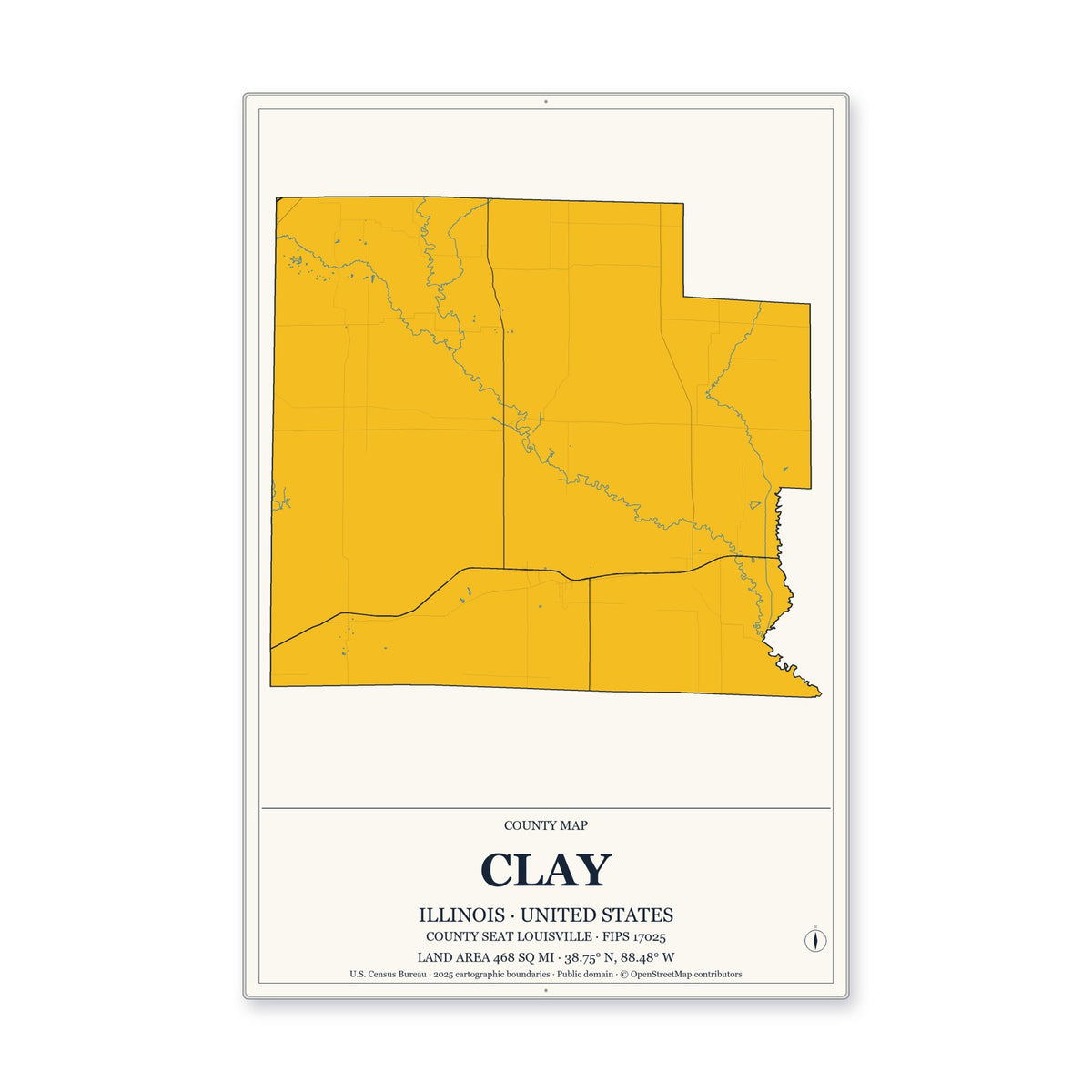 Clay County, Illinois Map Aluminum Sign in Citrine Modern style