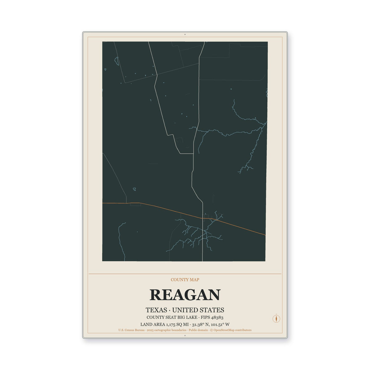 Reagan County, Texas Map Aluminum Sign in Headline Atlas style
