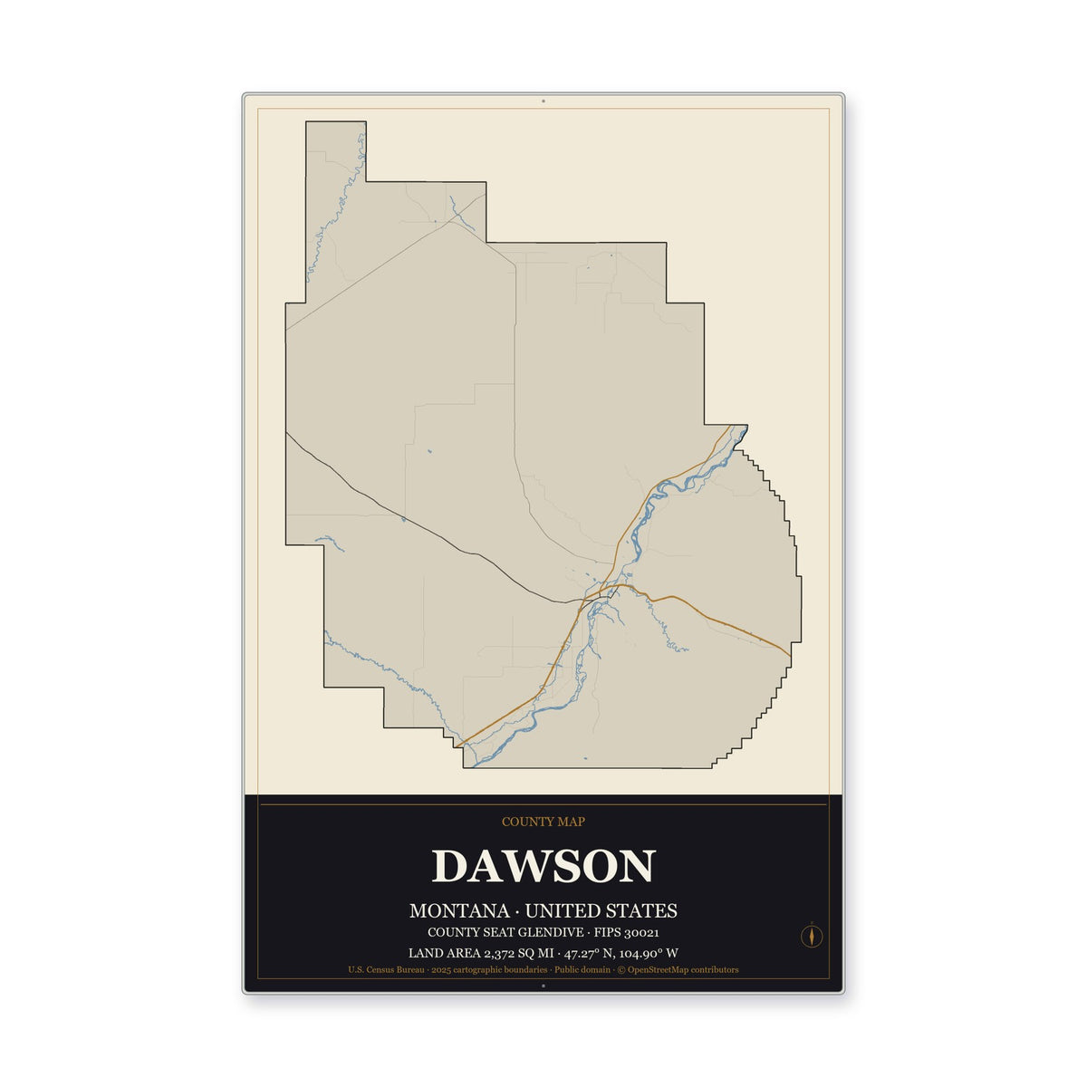 Dawson County, Montana Map Aluminum Sign in Museum Plaque style