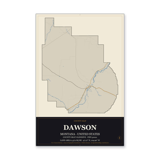 Dawson County, Montana Map Aluminum Sign in Museum Plaque style