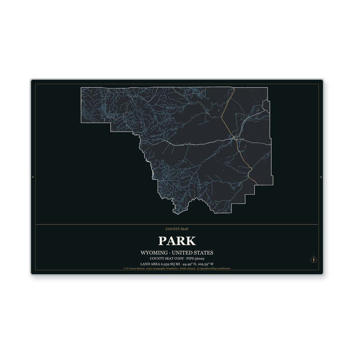 Park County, Wyoming Map Aluminum Sign in Metropolitan Noir style