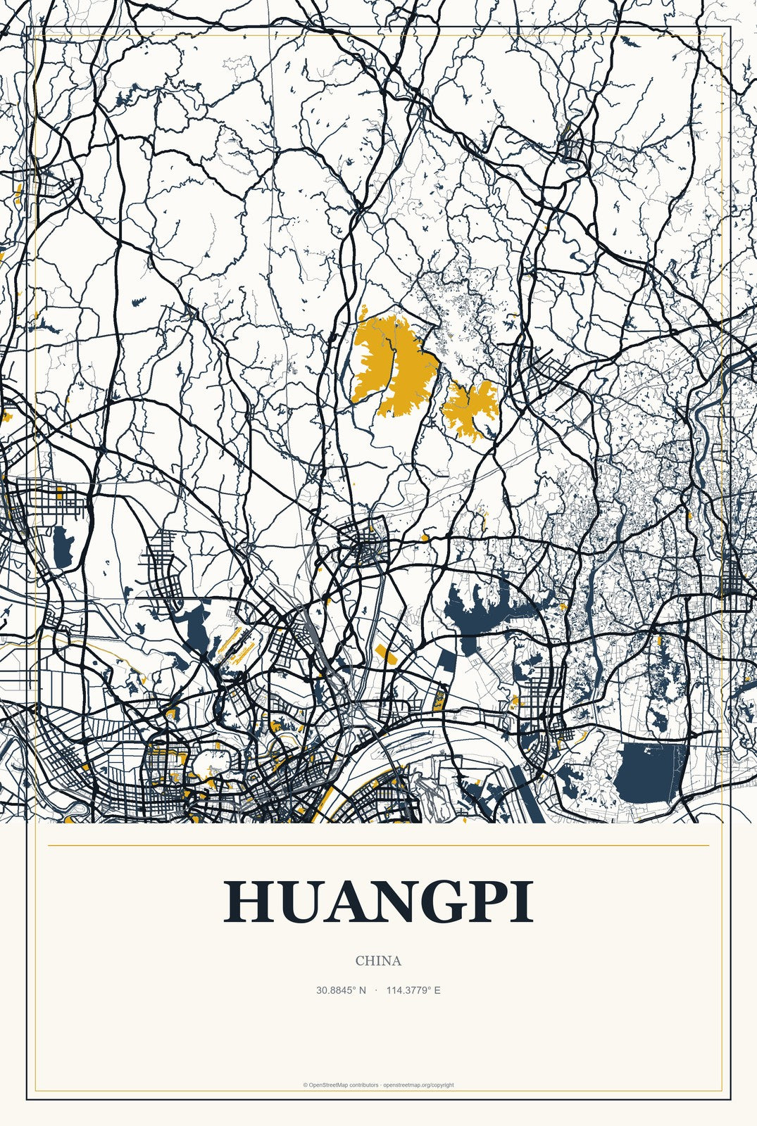 Huangpi, China City Map Aluminum Sign in Citrine Modern style