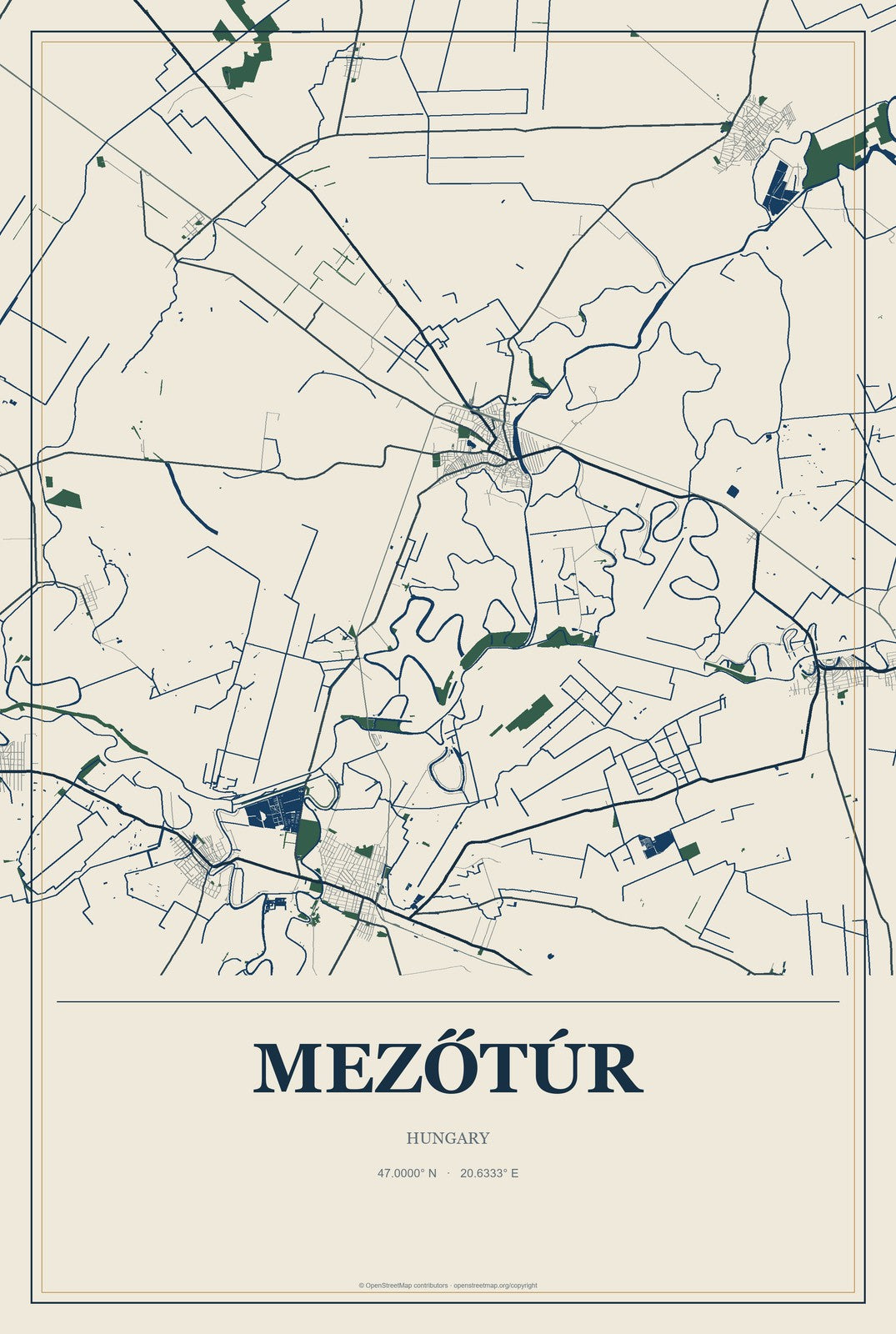 Mezőtúr, Hungary City Map Aluminum Sign in Coastal Cutout style