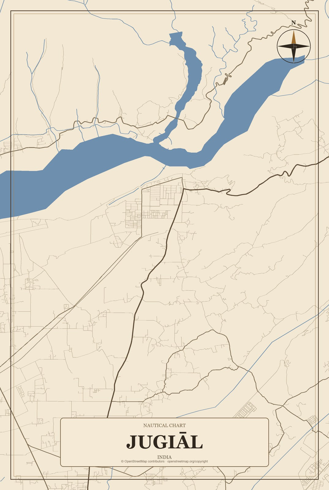 Jugiāl, India City Map Aluminum Sign in Heritage Nautical style