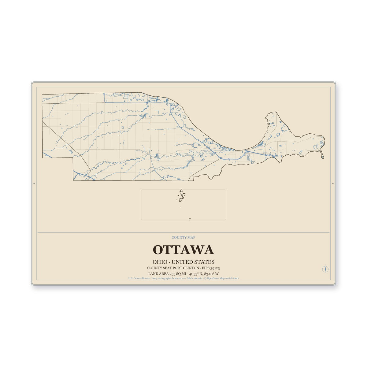 Ottawa County, Ohio Map Aluminum Sign in Heritage Nautical style