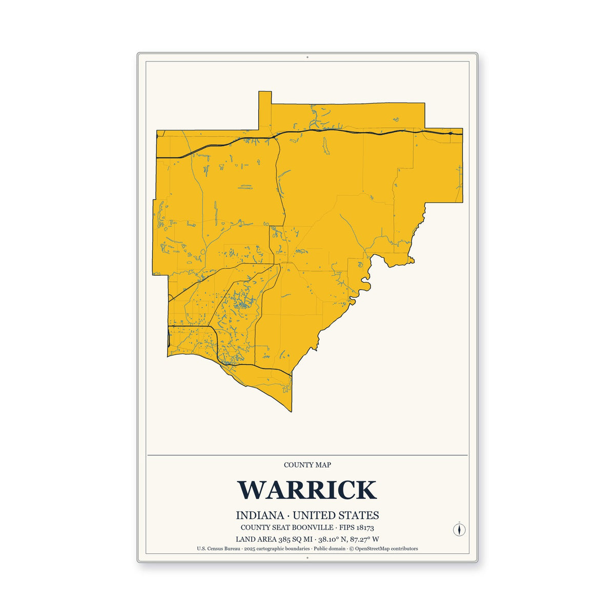Warrick County, Indiana Map Aluminum Sign in Citrine Modern style