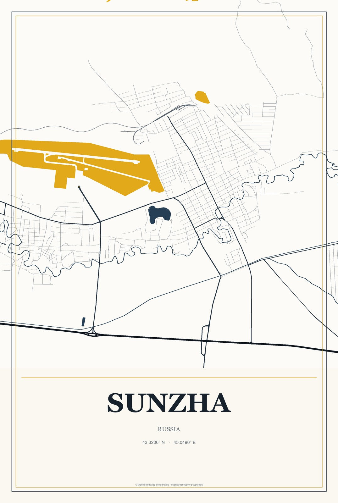 Sunzha, Ingushetiya Republic, Russia City Map Aluminum Sign in Citrine Modern style