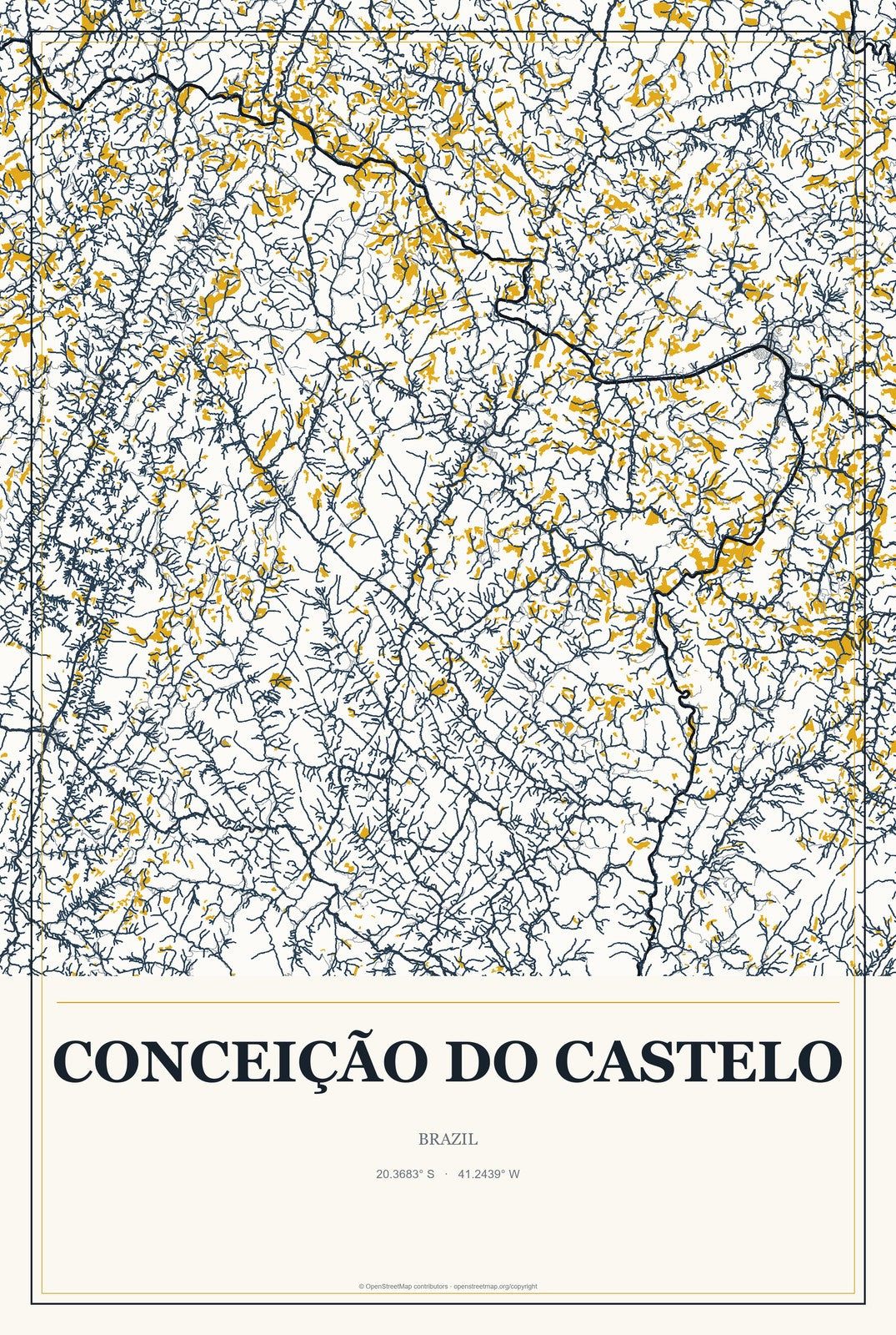Conceição do Castelo, Brazil City Map Aluminum Sign in Citrine Modern style