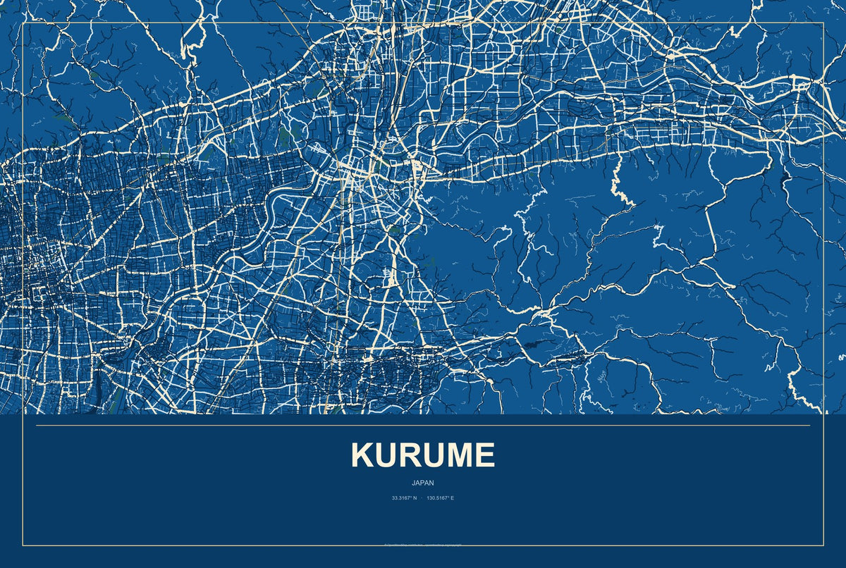 Kurume, Japan City Map Aluminum Sign in Harbor Cobalt style