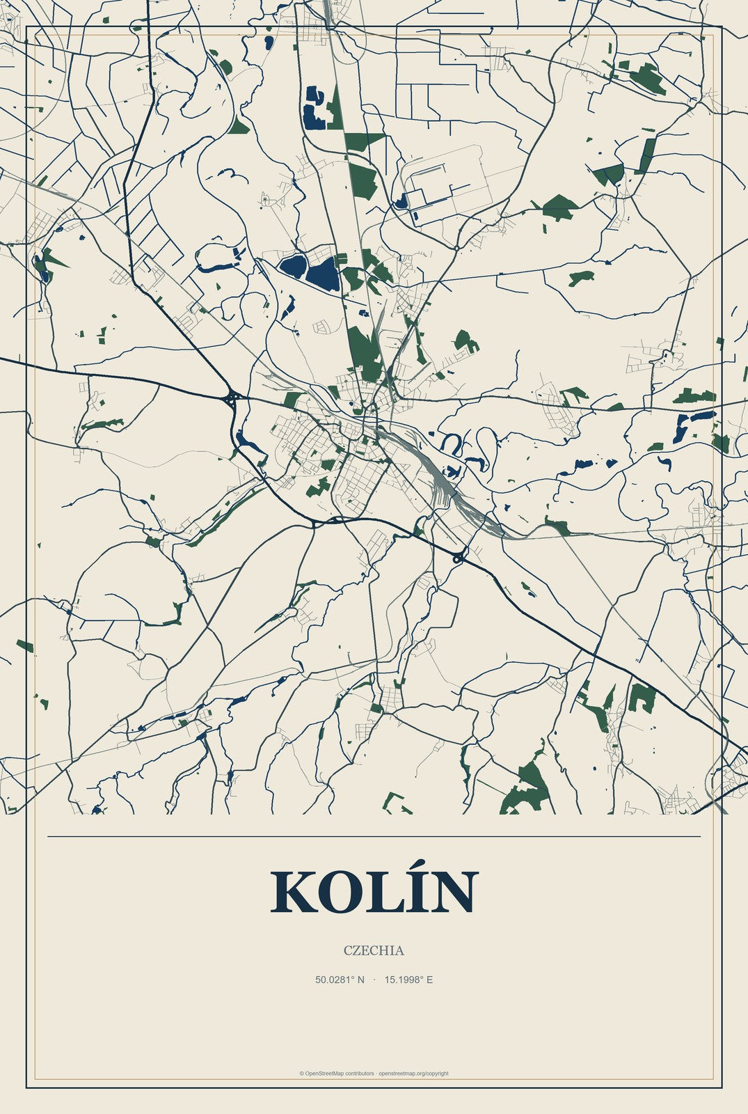 Kolín, Czechia City Map Aluminum Sign in Coastal Cutout style