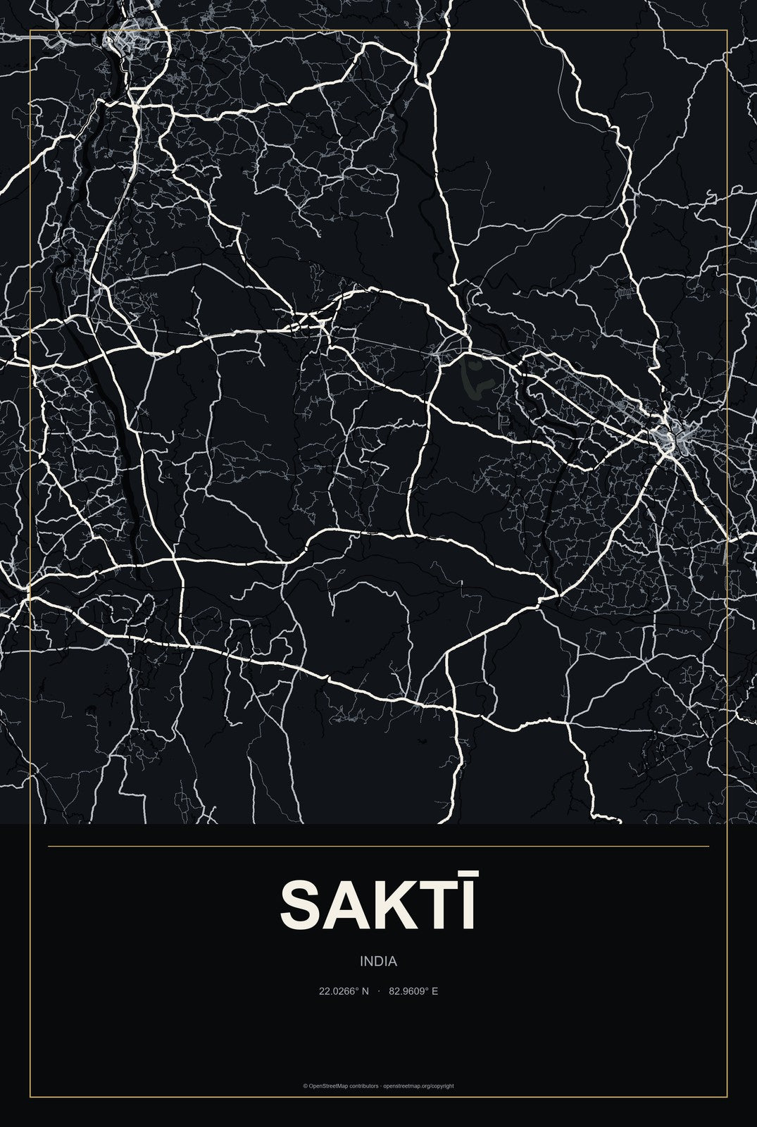 Saktī, India City Map Aluminum Sign in Metropolitan Noir style
