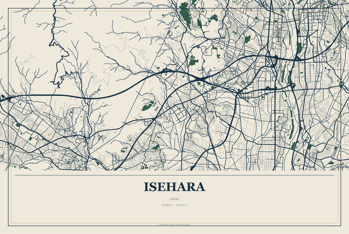 Isehara, Japan City Map Aluminum Sign in Coastal Cutout style