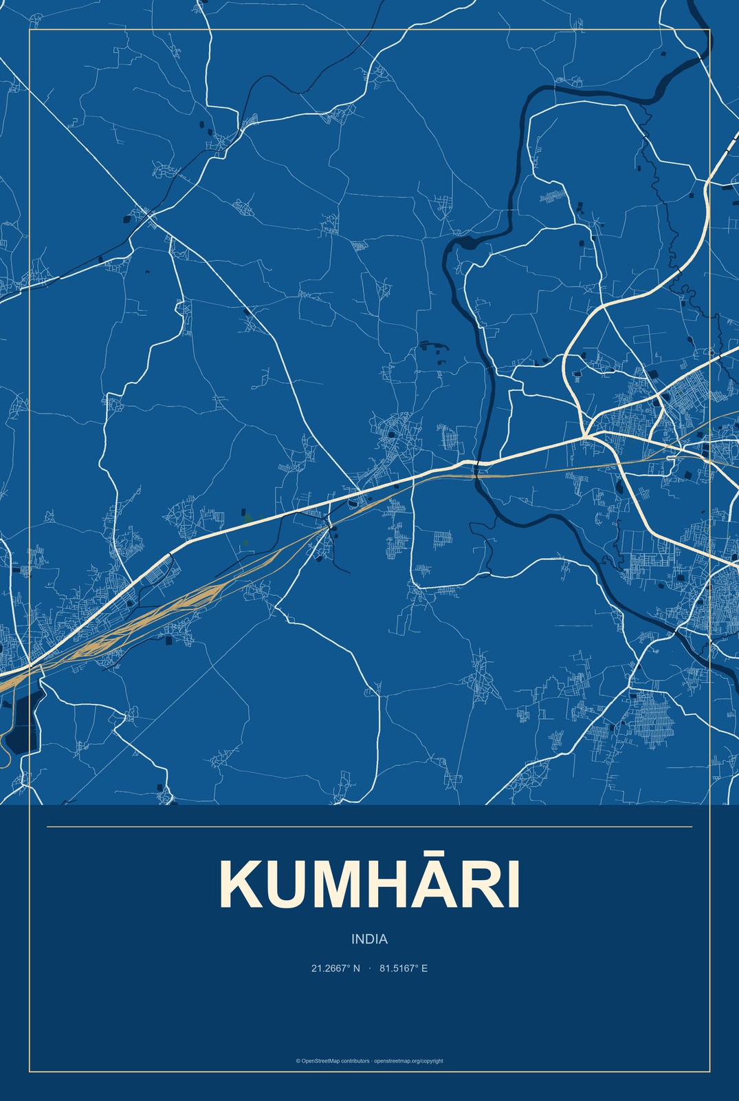 Kumhāri, India City Map Aluminum Sign in Harbor Cobalt style