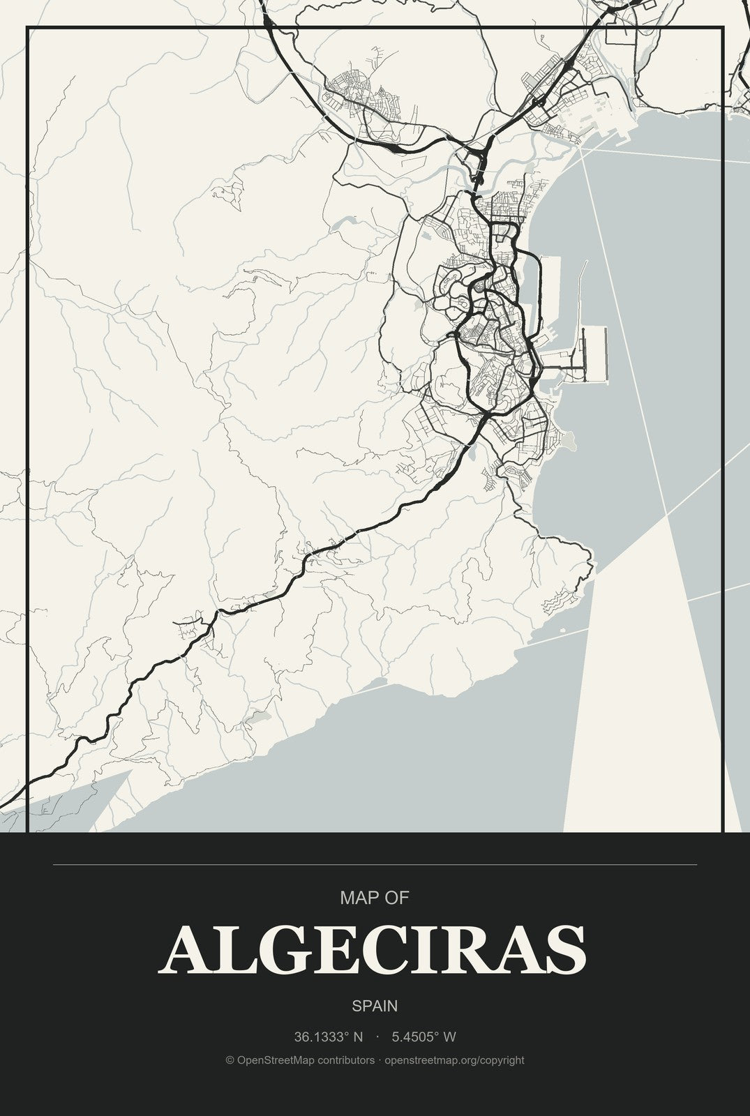 Algeciras, Spain City Map Aluminum Sign in Museum Plaque style