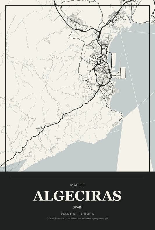 Algeciras, Spain City Map Aluminum Sign in Museum Plaque style