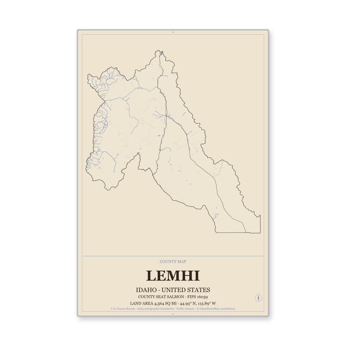 Lemhi County, Idaho Map Aluminum Sign in Heritage Nautical style