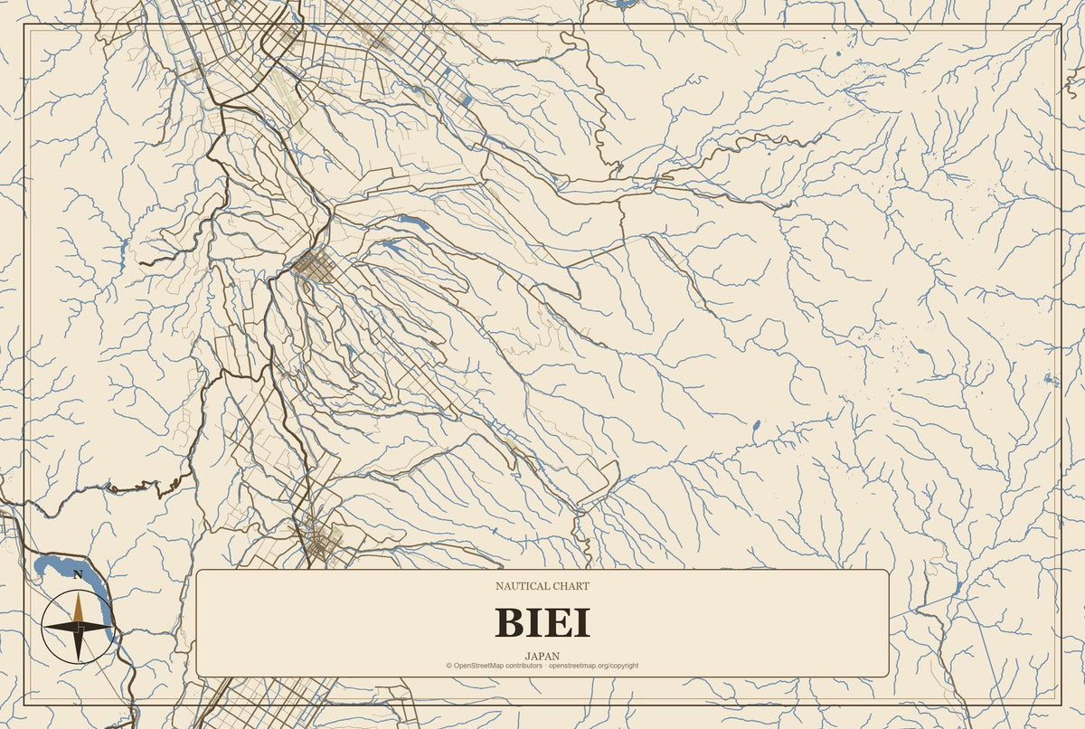 Biei, Japan City Map Aluminum Sign in Heritage Nautical style