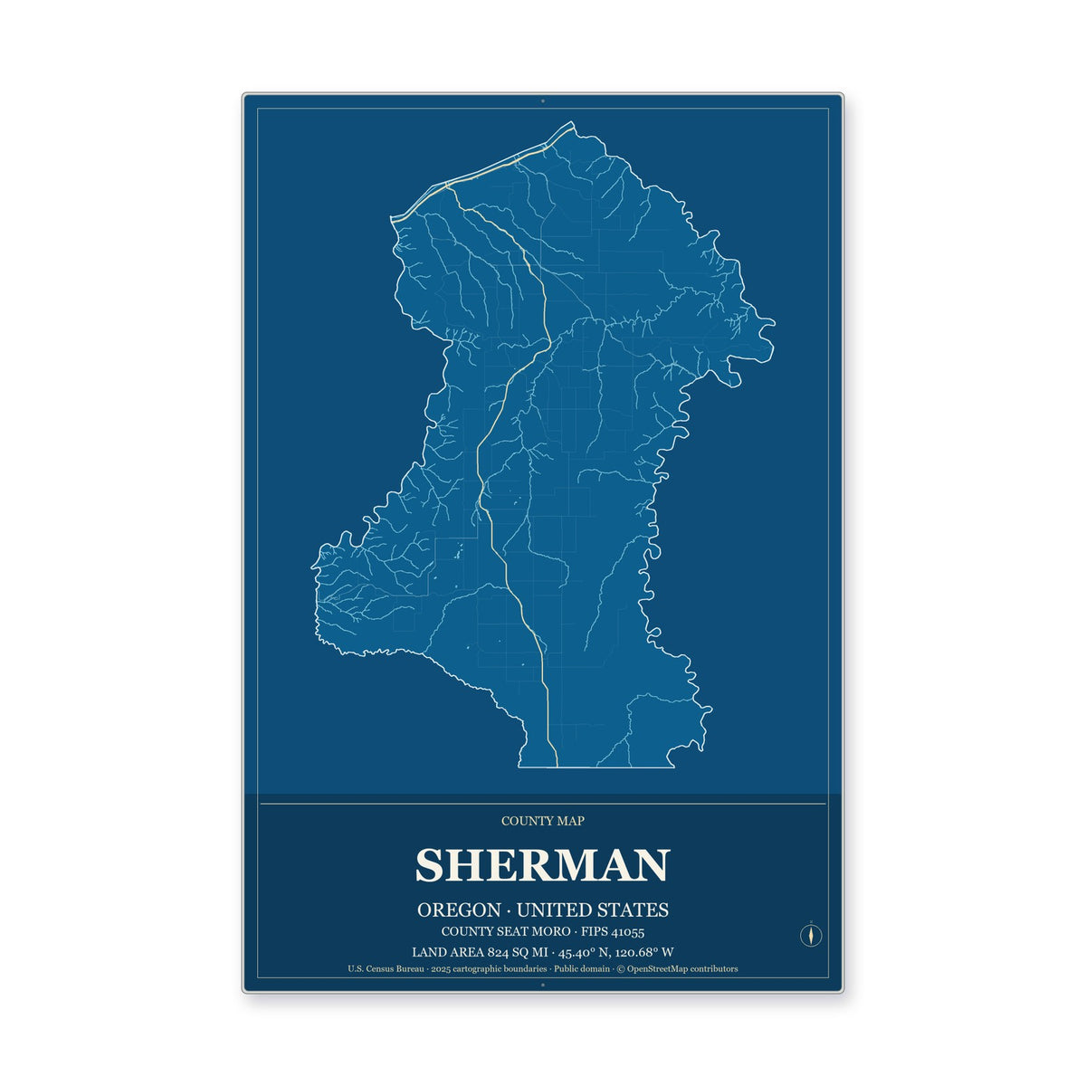 Sherman County, Oregon Map Aluminum Sign in Harbor Cobalt style
