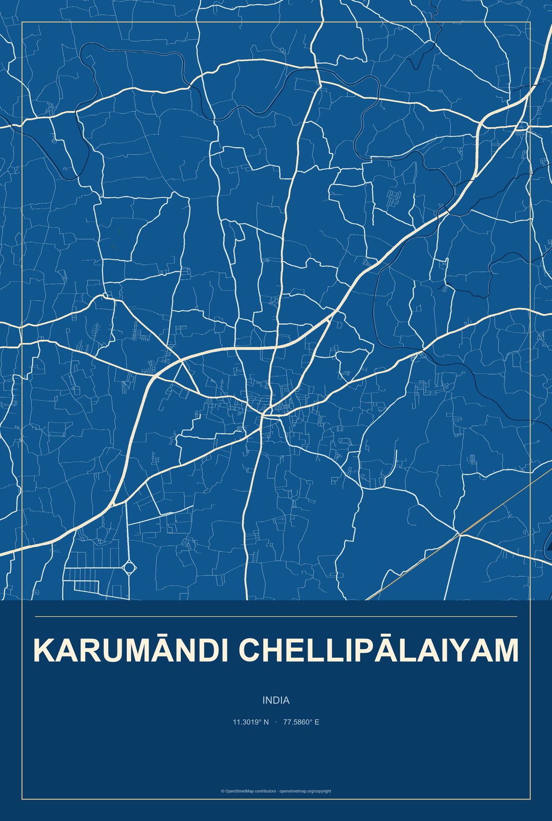 Karumāndi Chellipālaiyam, India City Map Aluminum Sign in Harbor Cobalt style
