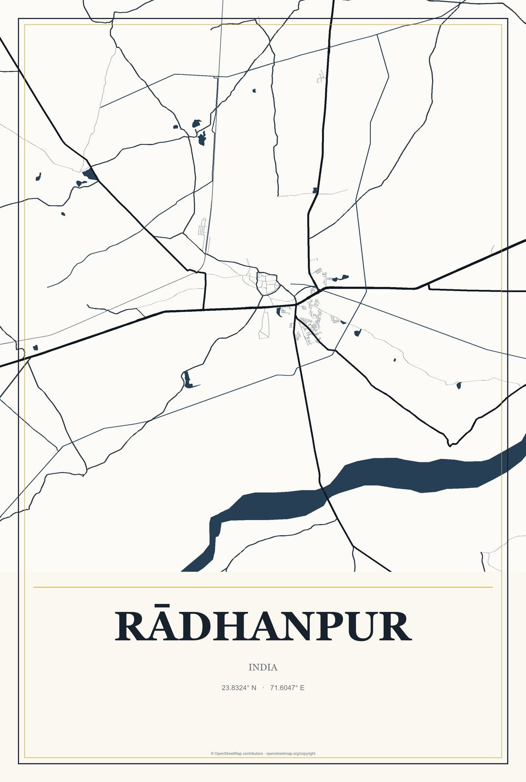 Rādhanpur, India City Map Aluminum Sign in Citrine Modern style