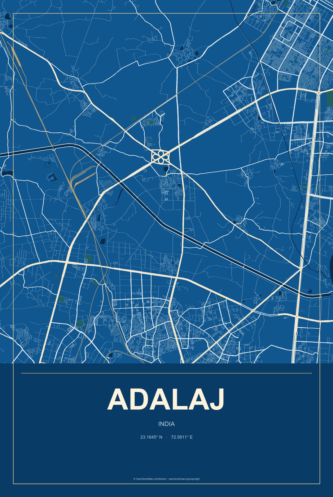 Adalaj, India City Map Aluminum Sign in Harbor Cobalt style