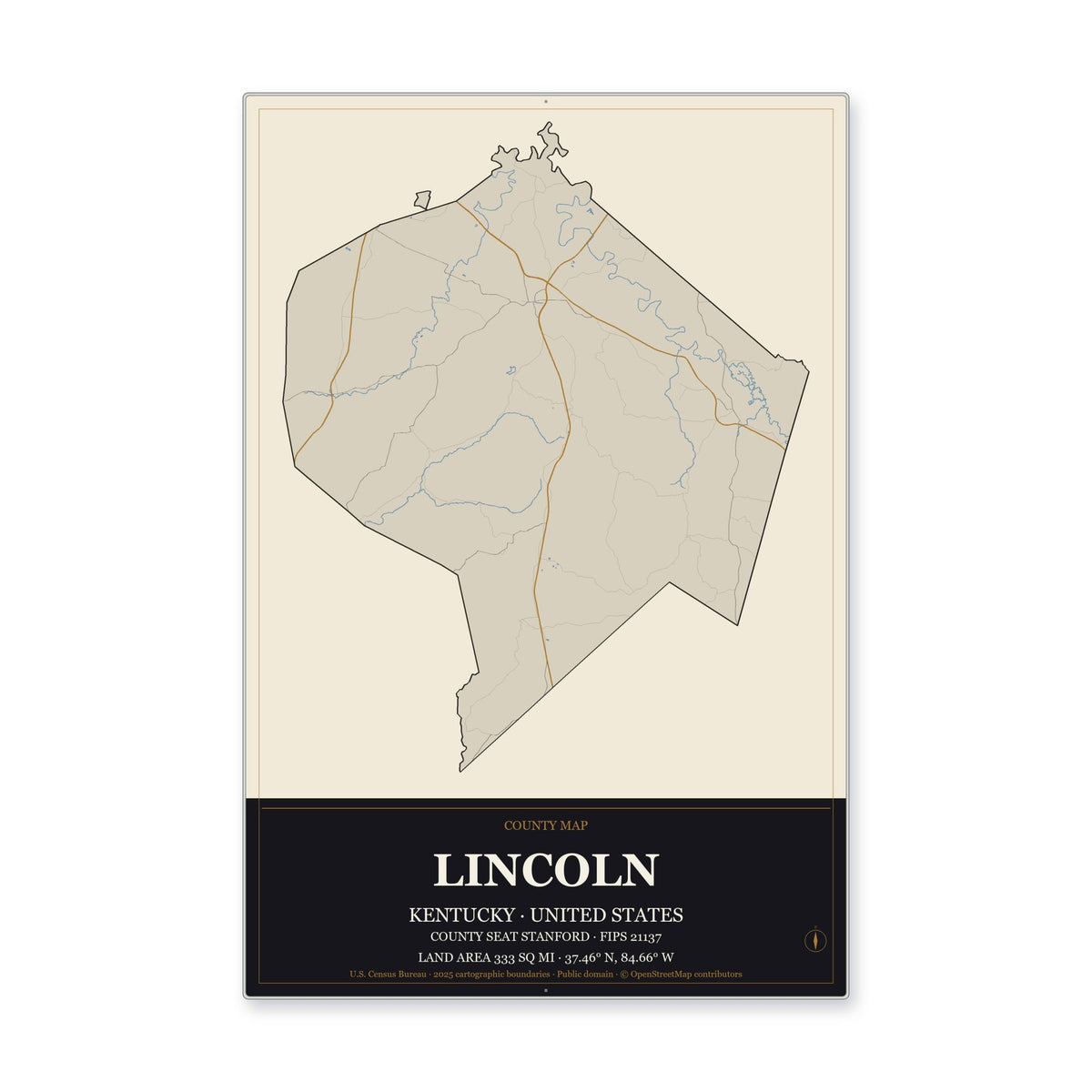 Lincoln County, Kentucky Map Aluminum Sign in Museum Plaque style
