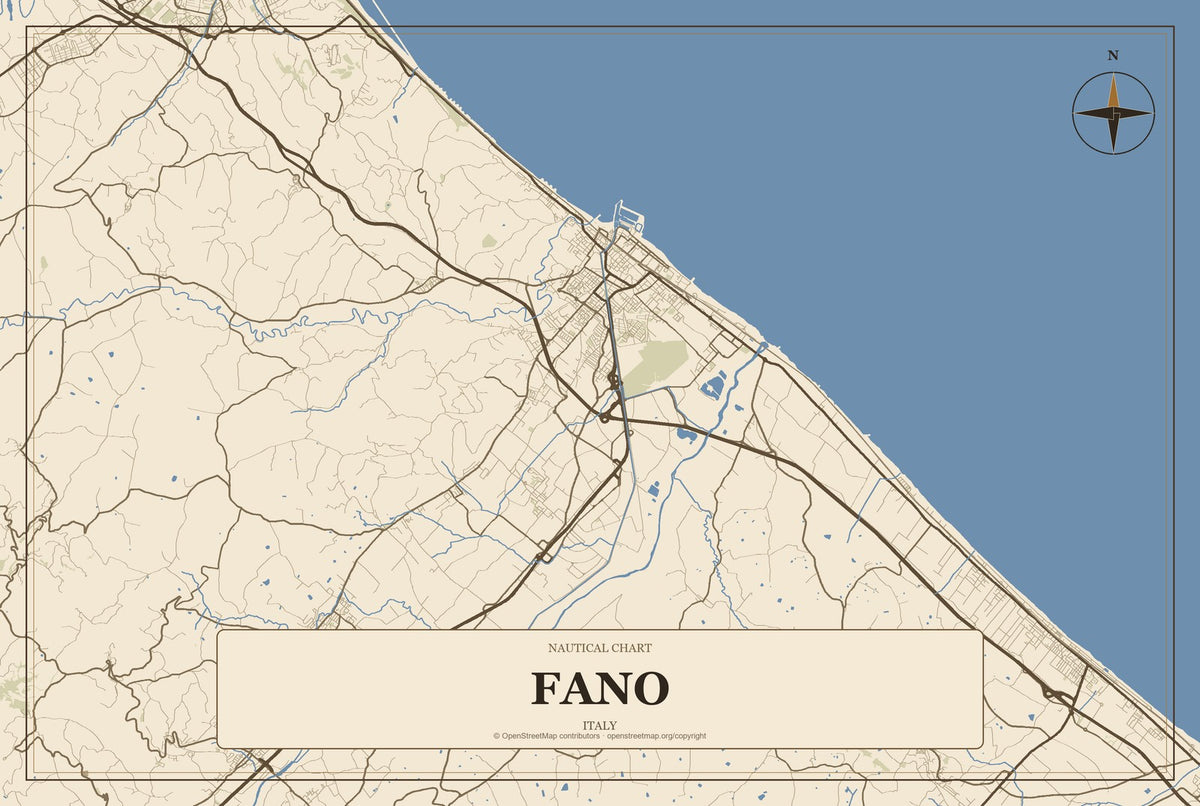 Fano, Italy City Map Aluminum Sign in Heritage Nautical style