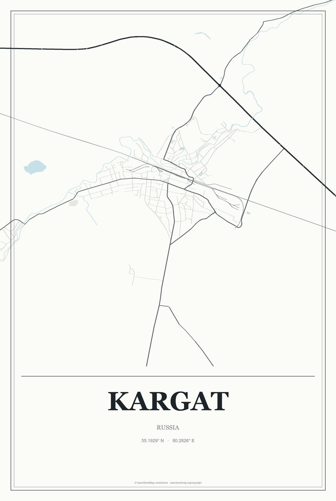 Kargat, Russia City Map Aluminum Sign in Gallery Air style