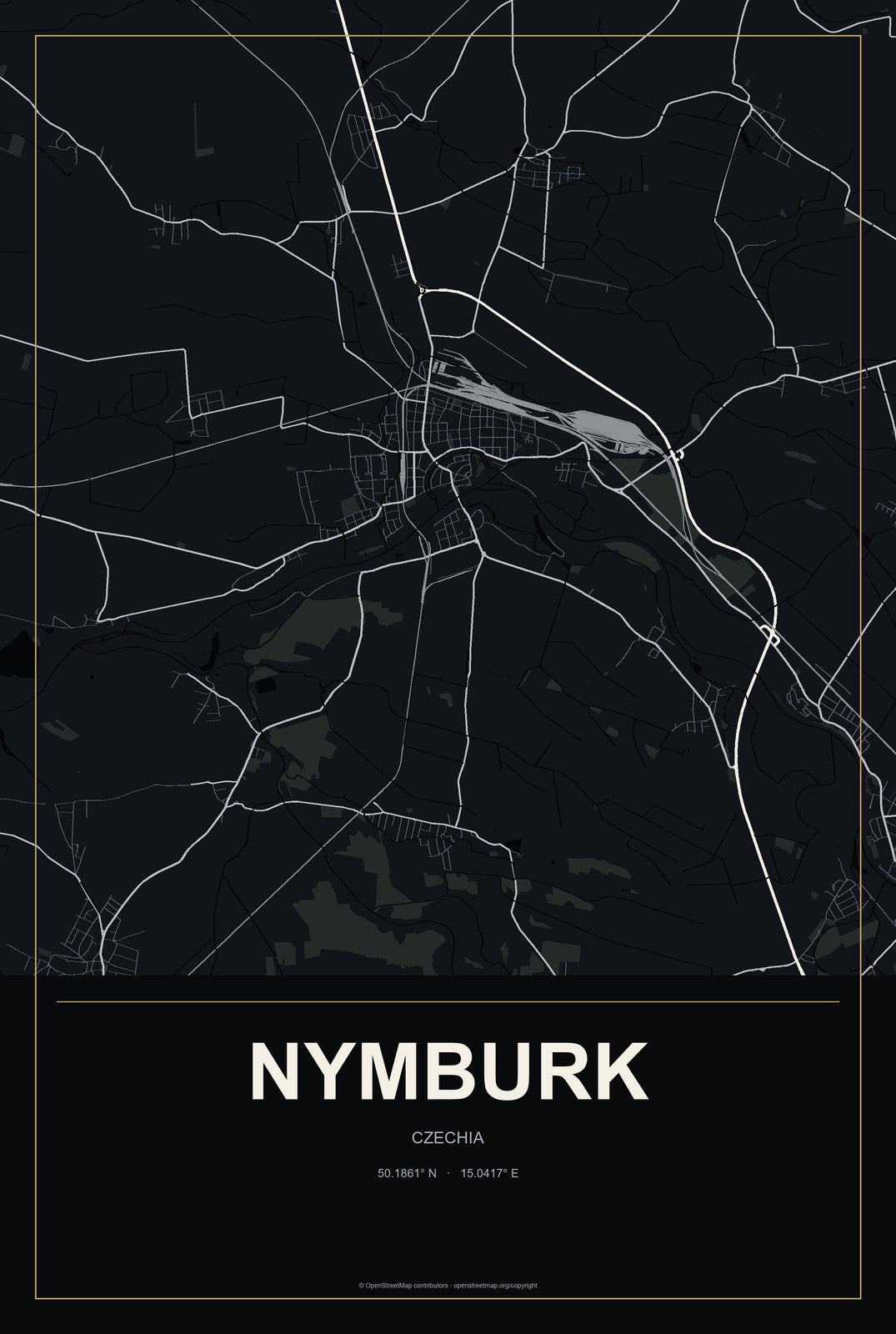 Nymburk, Czechia City Map Aluminum Sign in Metropolitan Noir style