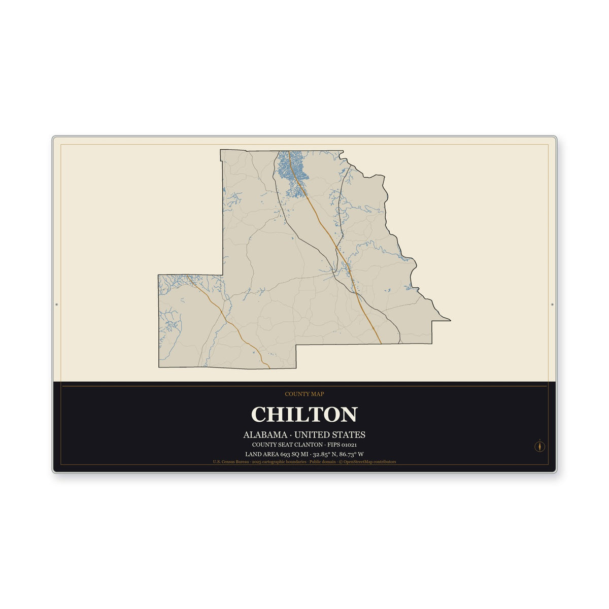Chilton County, Alabama Map Aluminum Sign in Museum Plaque style
