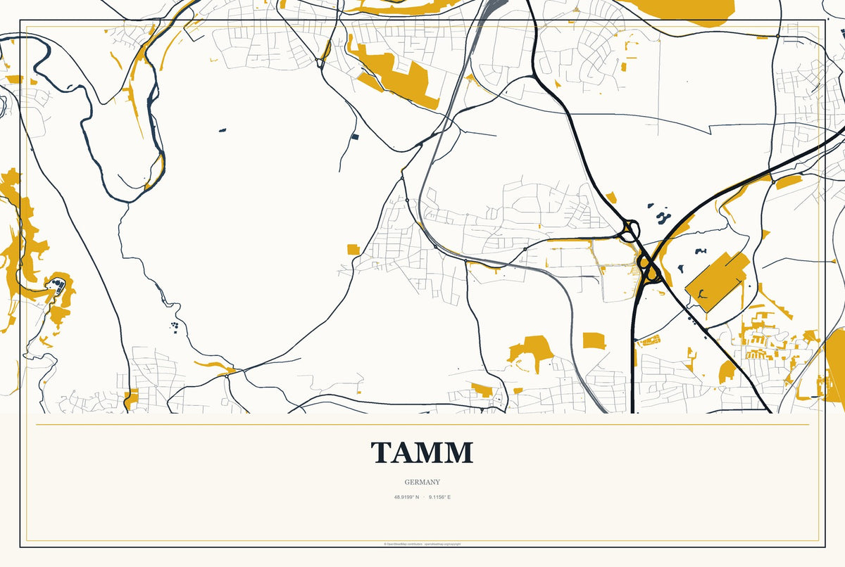 Tamm, Germany City Map Aluminum Sign in Citrine Modern style