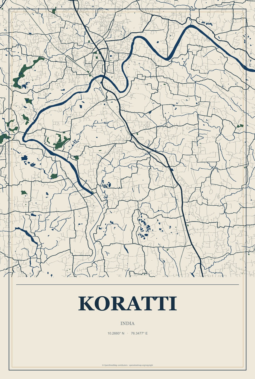 Koratti, India City Map Aluminum Sign in Coastal Cutout style