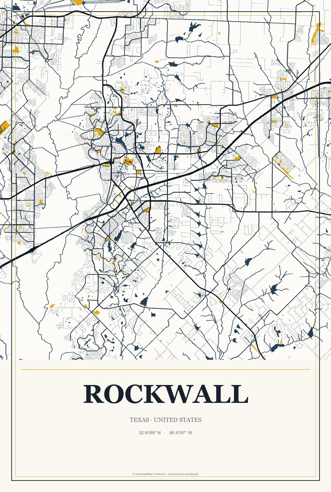 Rockwall, Texas City Map Aluminum Sign in Citrine Modern style