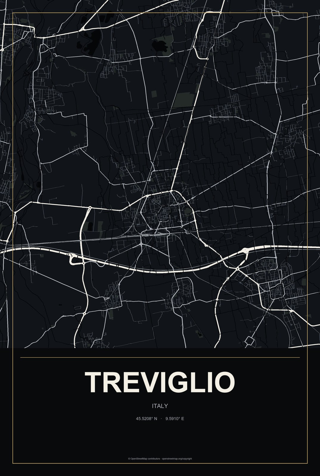 Treviglio, Italy City Map Aluminum Sign in Metropolitan Noir style