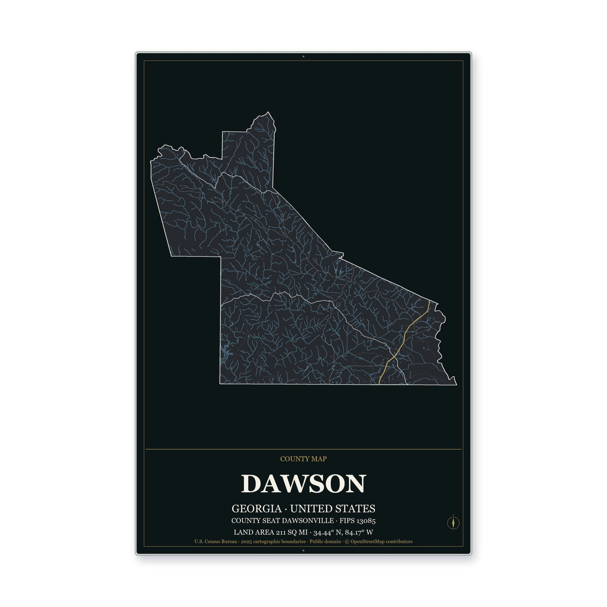 Dawson County, Georgia Map Aluminum Sign in Metropolitan Noir style