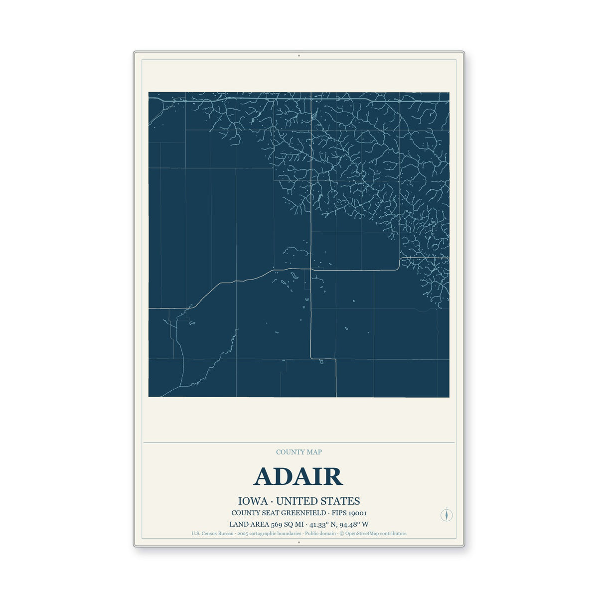 Adair County, Iowa Map Aluminum Sign in Coastal Cutout style