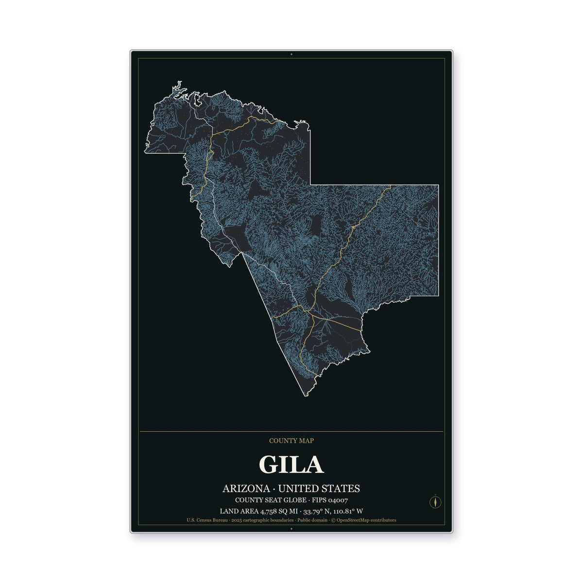 Gila County, Arizona Map Aluminum Sign in Metropolitan Noir style